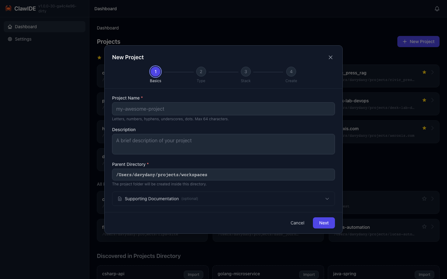 ClawIDE Project Wizard