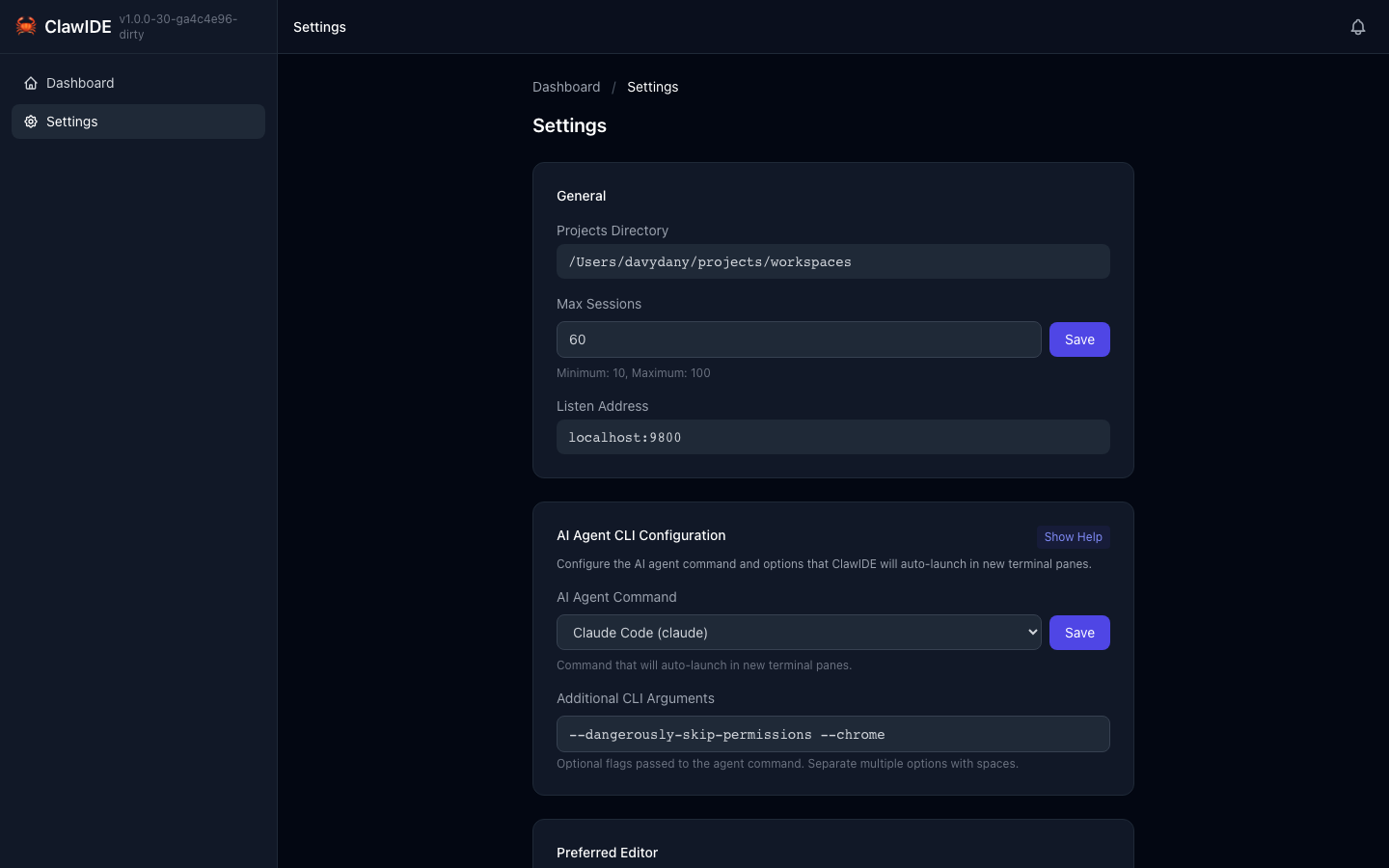 ClawIDE Settings
